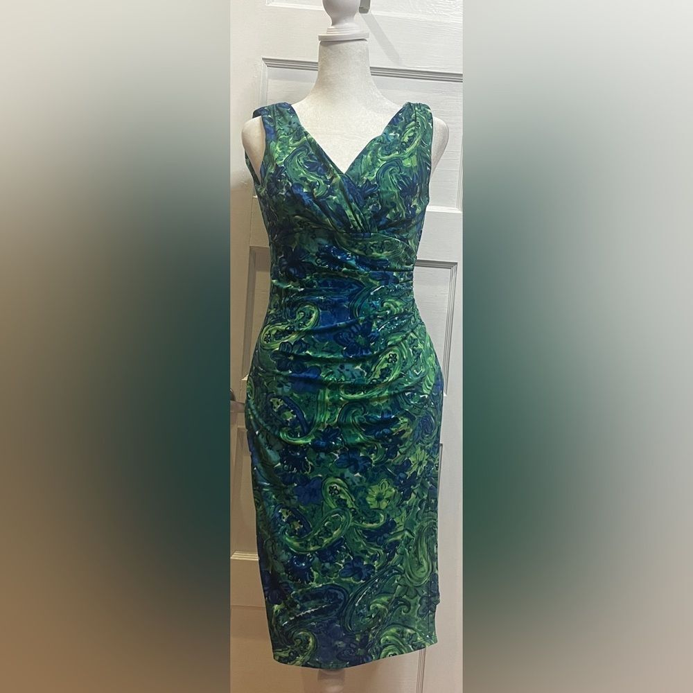 Lauren Ralph Lauren sleeveless V-neck ruched dress green blue paisley Size 4